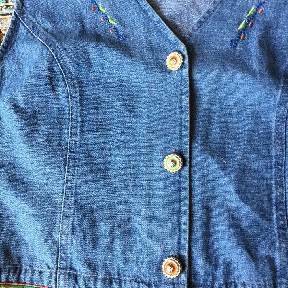 1990s Y2K Nancy Bolen Crop Denim Vest | Embroidered Beaded Western Style Sz 12 - Picture 3 of 8